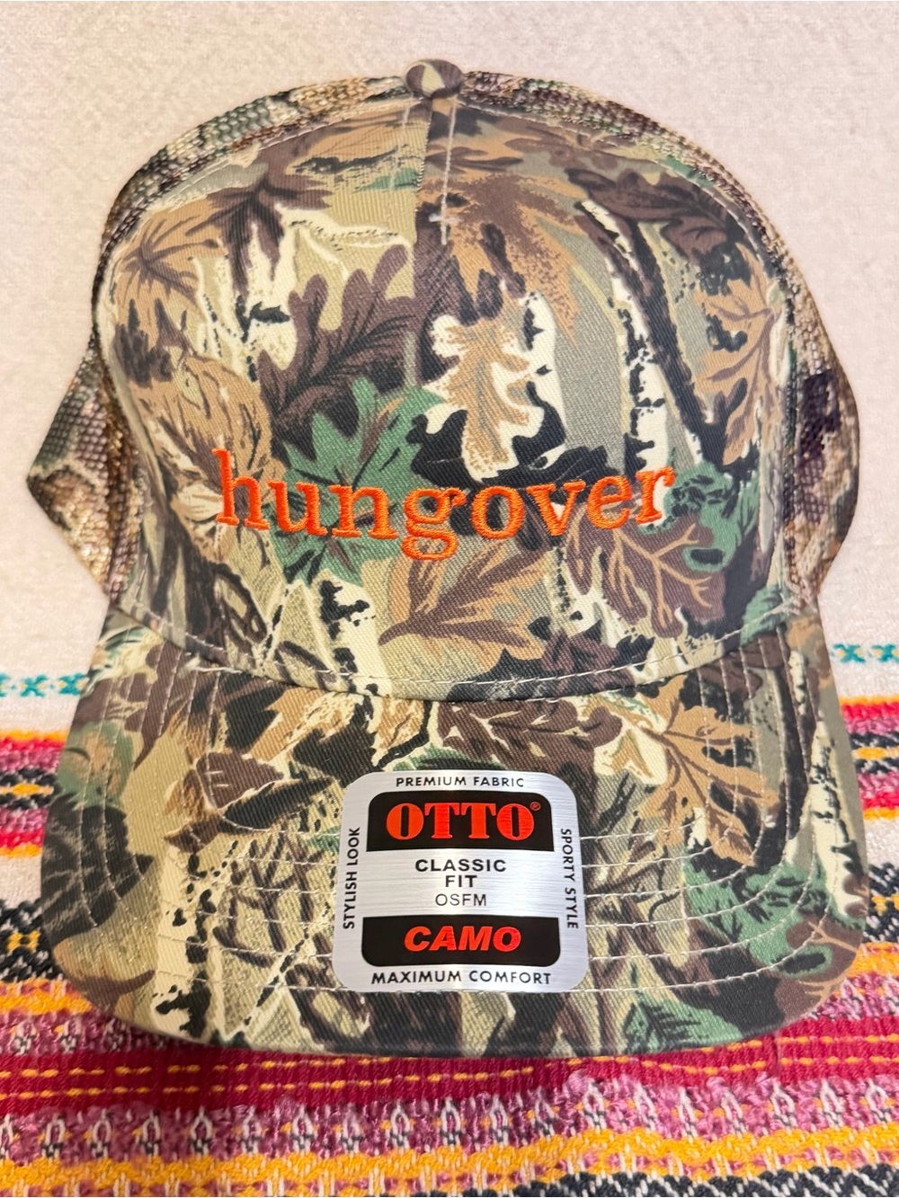 OTTO Camo Trucker Hat with Orange 'hungover' Embroidery Ella Langley NEW